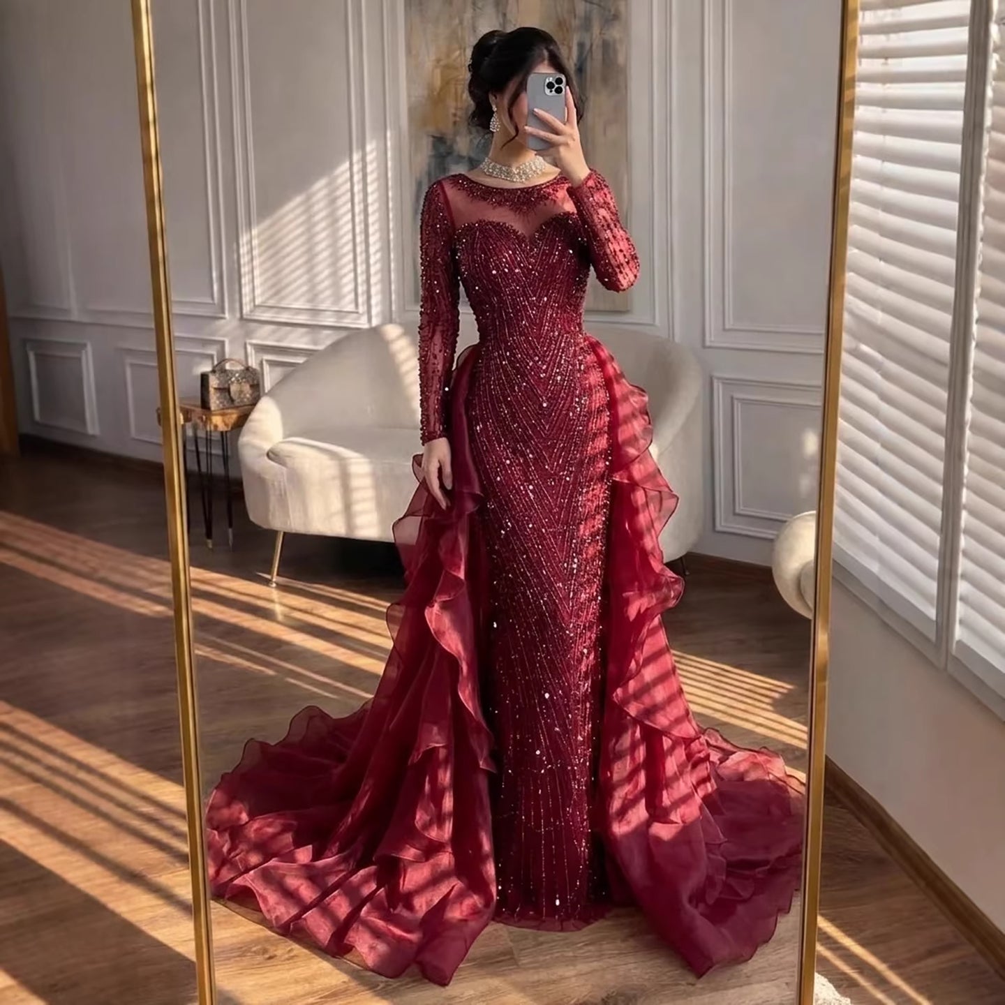 Luxury Fuchsia Beaded Modest Mermaid Evening Dress With Overskirt CLA72379