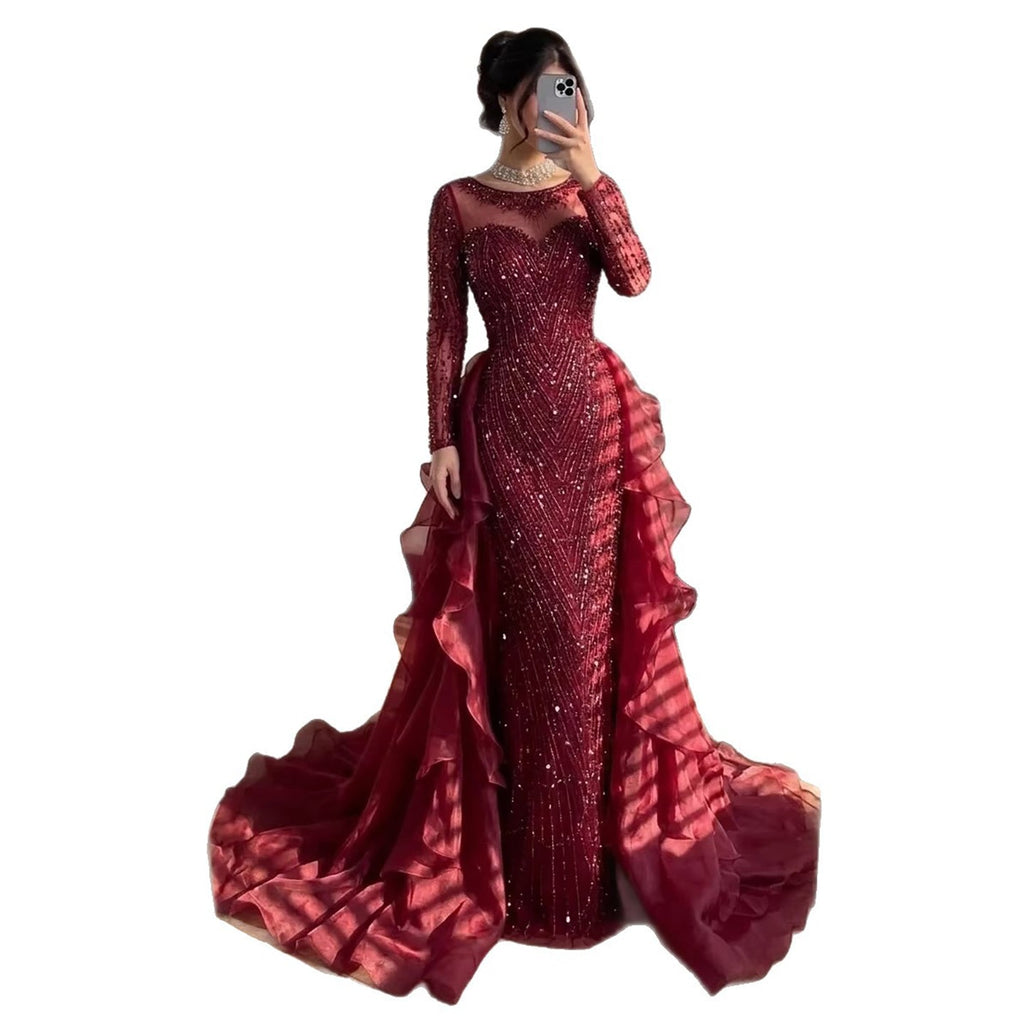 Luxury Fuchsia Beaded Modest Mermaid Evening Dress With Overskirt CLA72379