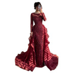 Luxury Fuchsia Beaded Modest Mermaid Evening Dress With Overskirt CLA72379