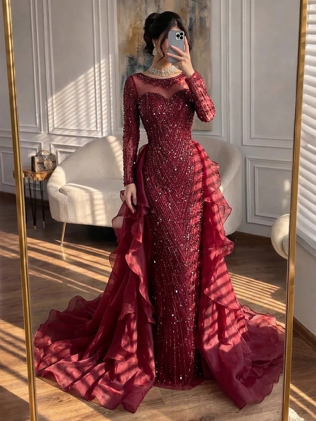 Luxury Fuchsia Beaded Modest Mermaid Evening Dress With Overskirt CLA72379