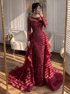 Luxury Fuchsia Beaded Modest Mermaid Evening Dress With Overskirt CLA72379