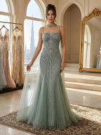 Arabic Luxury Beaded Spaghetti Straps Mermaid Evening Dress With Chocker Cape CLA72440