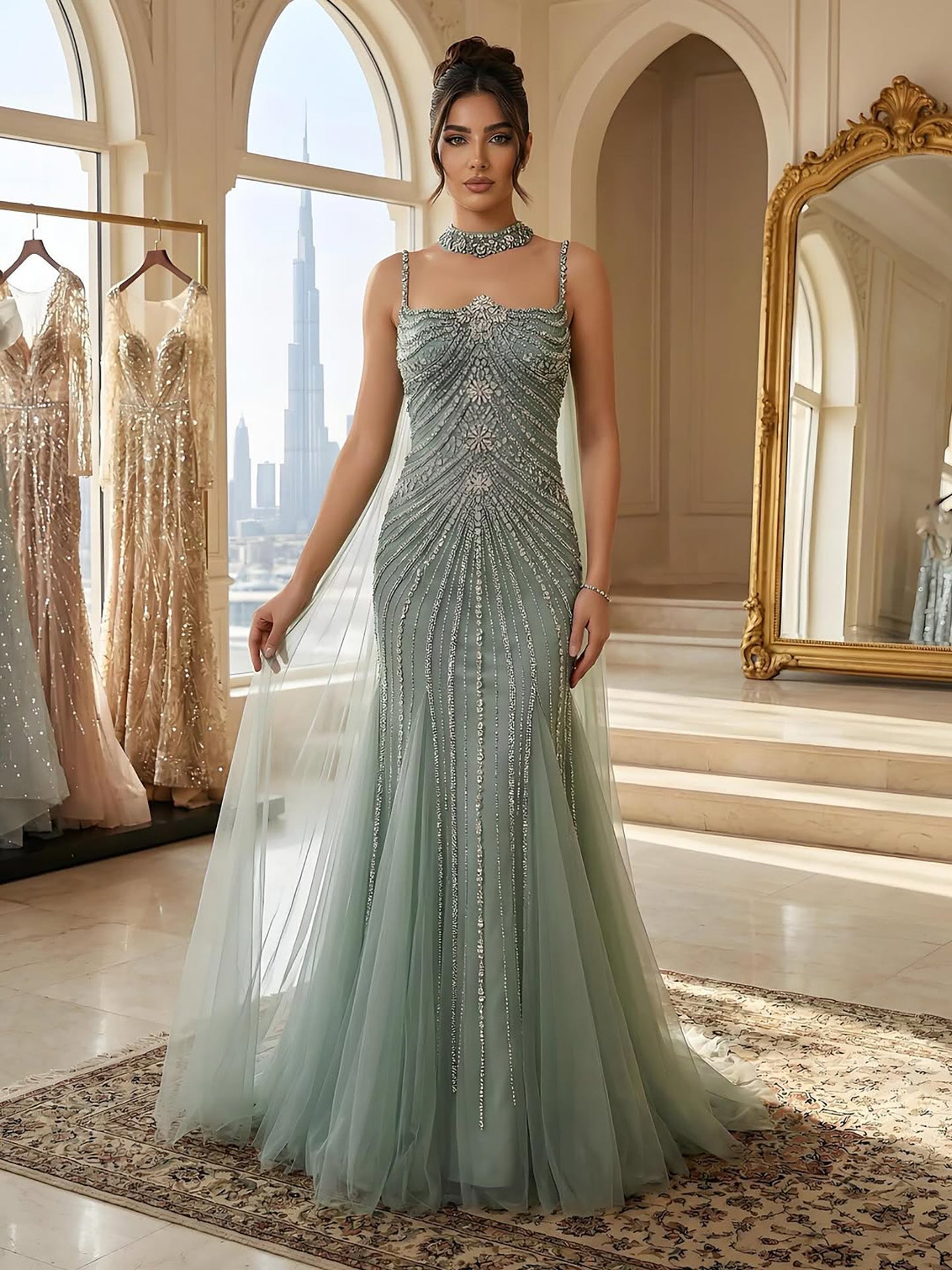 Arabic Luxury Beaded Spaghetti Straps Mermaid Evening Dress With Chocker Cape CLA72440