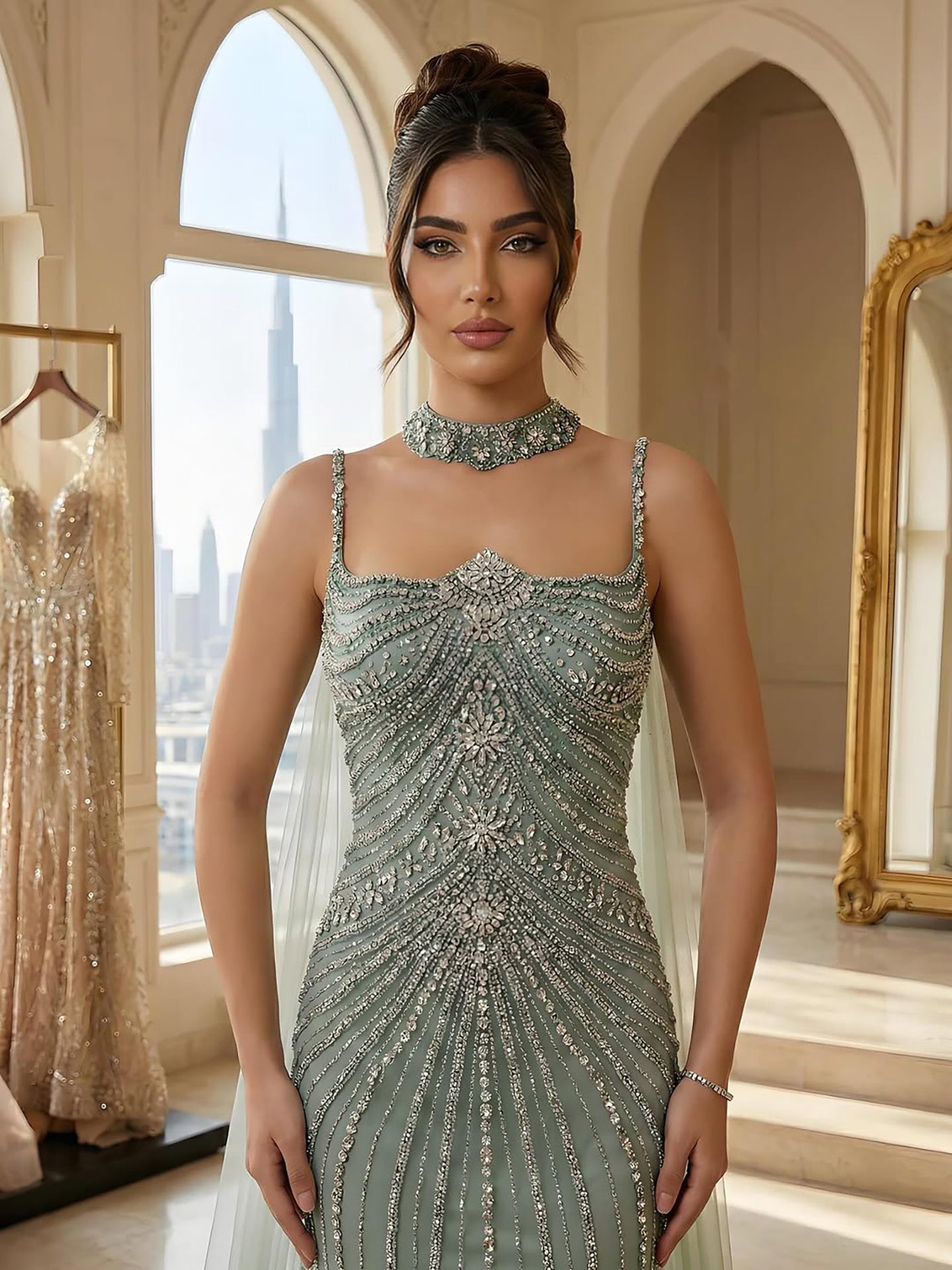 Arabic Luxury Beaded Spaghetti Straps Mermaid Evening Dress With Chocker Cape CLA72440