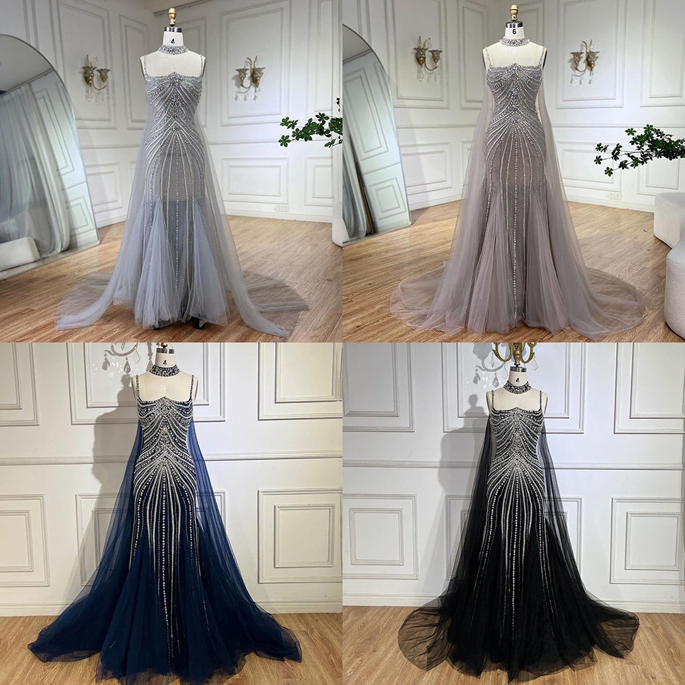 Arabic Luxury Beaded Spaghetti Straps Mermaid Evening Dress With Chocker Cape CLA72440