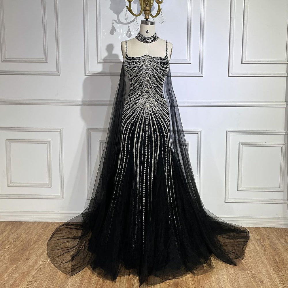 Arabic Luxury Beaded Spaghetti Straps Mermaid Evening Dress With Chocker Cape CLA72440