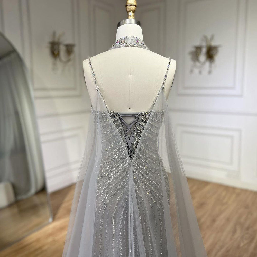 Arabic Luxury Beaded Spaghetti Straps Mermaid Evening Dress With Chocker Cape CLA72440