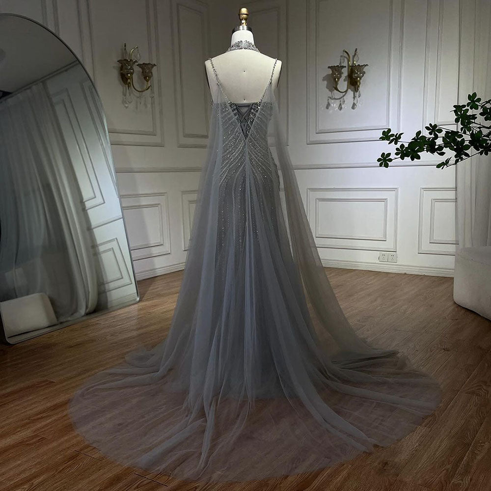 Arabic Luxury Beaded Spaghetti Straps Mermaid Evening Dress With Chocker Cape CLA72440
