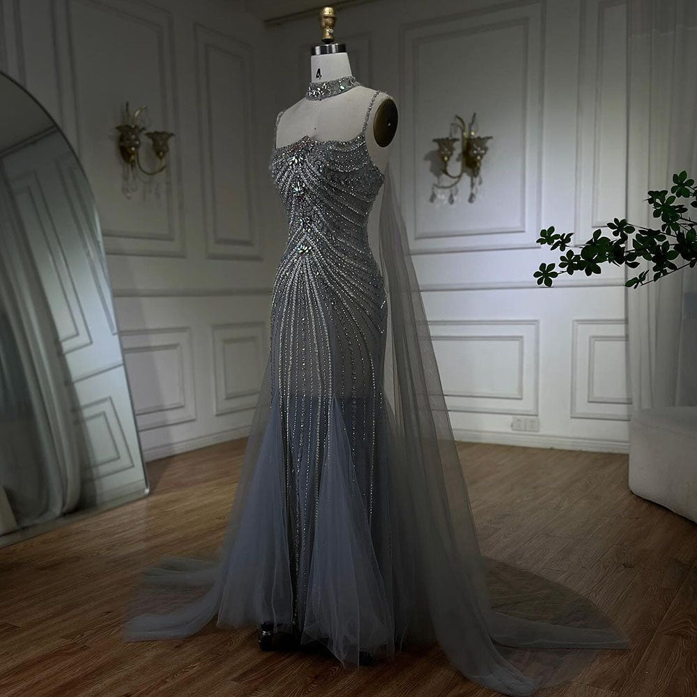 Arabic Luxury Beaded Spaghetti Straps Mermaid Evening Dress With Chocker Cape CLA72440