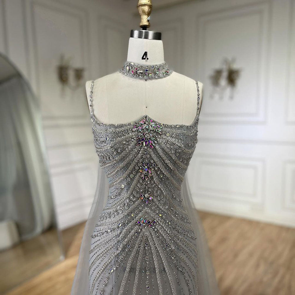 Arabic Luxury Beaded Spaghetti Straps Mermaid Evening Dress With Chocker Cape CLA72440