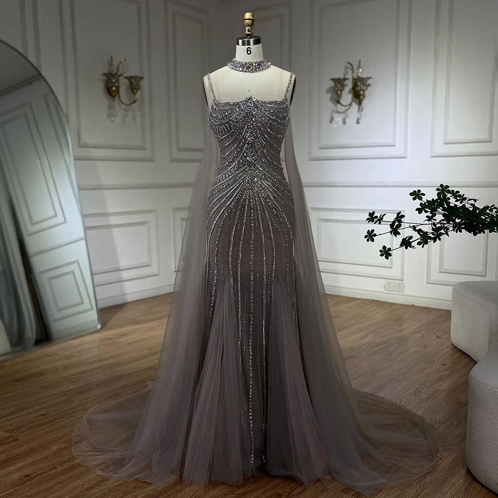 Arabic Luxury Beaded Spaghetti Straps Mermaid Evening Dress With Chocker Cape CLA72440