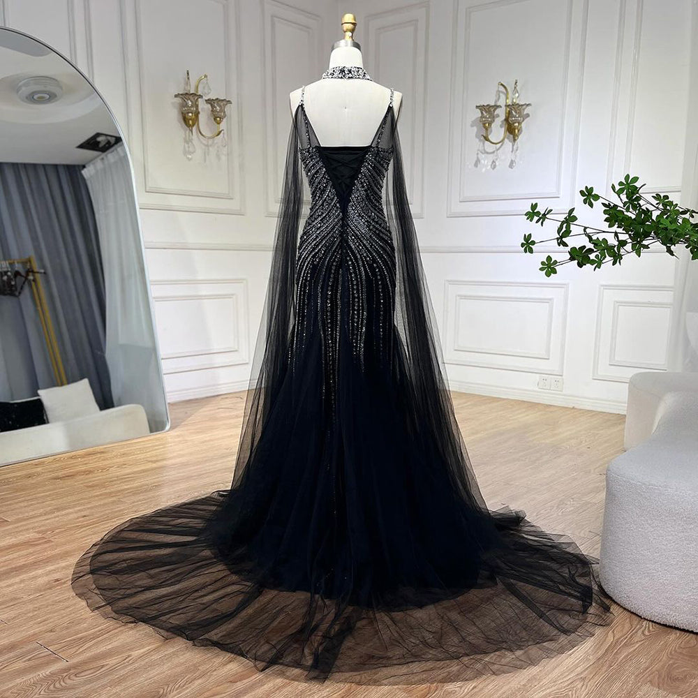 Arabic Luxury Beaded Spaghetti Straps Mermaid Evening Dress With Chocker Cape CLA72440