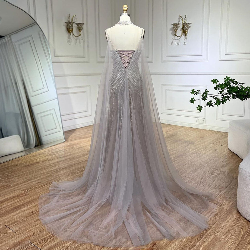 Arabic Luxury Beaded Spaghetti Straps Mermaid Evening Dress With Chocker Cape CLA72440