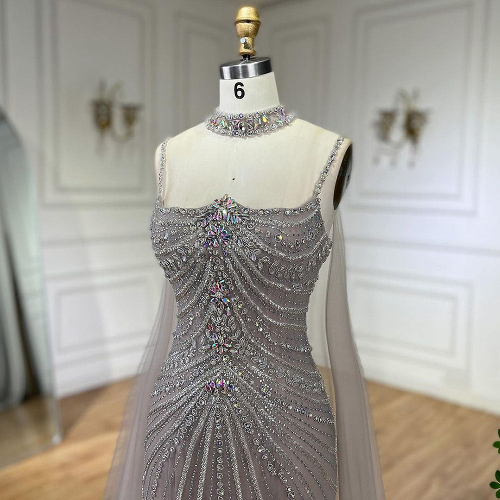 Arabic Luxury Beaded Spaghetti Straps Mermaid Evening Dress With Chocker Cape CLA72440