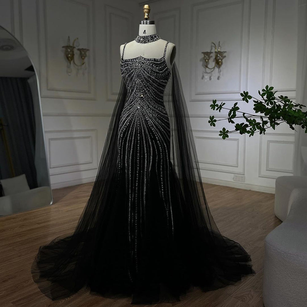 Arabic Luxury Beaded Spaghetti Straps Mermaid Evening Dress With Chocker Cape CLA72440