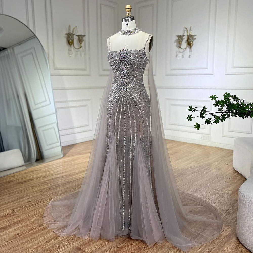 Arabic Luxury Beaded Spaghetti Straps Mermaid Evening Dress With Chocker Cape CLA72440