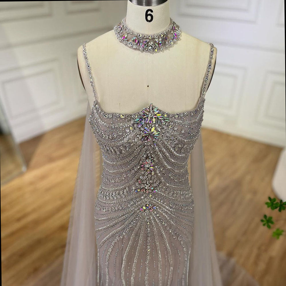 Arabic Luxury Beaded Spaghetti Straps Mermaid Evening Dress With Chocker Cape CLA72440