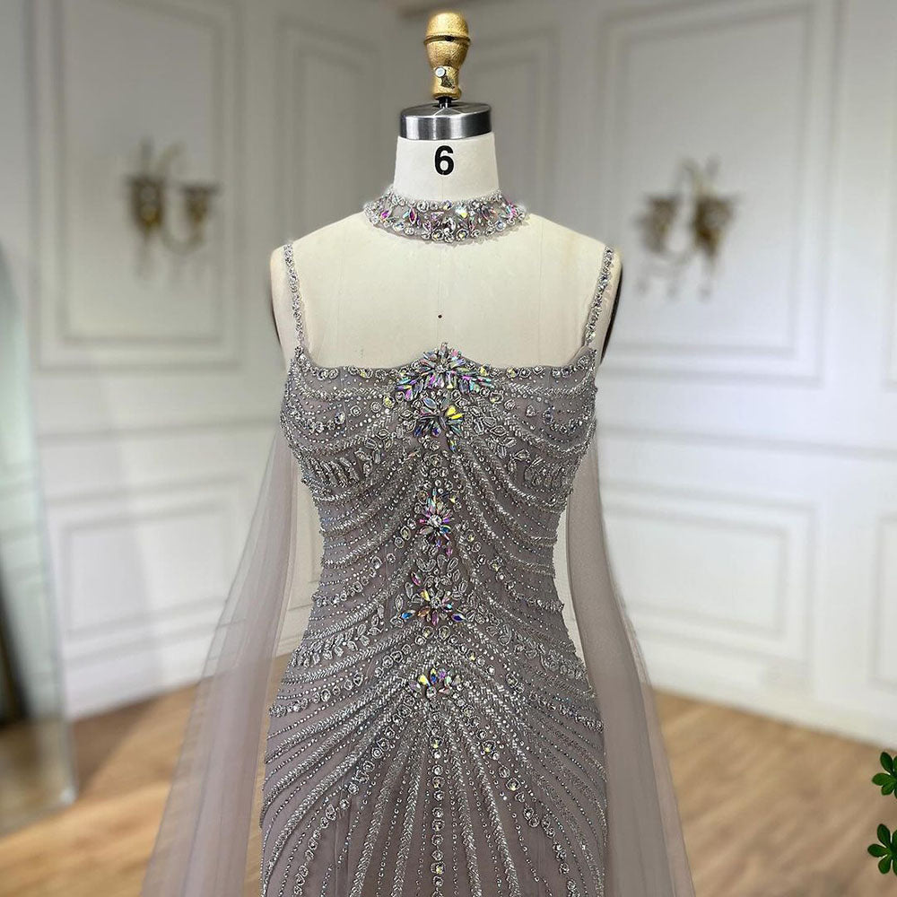 Arabic Luxury Beaded Spaghetti Straps Mermaid Evening Dress With Chocker Cape CLA72440