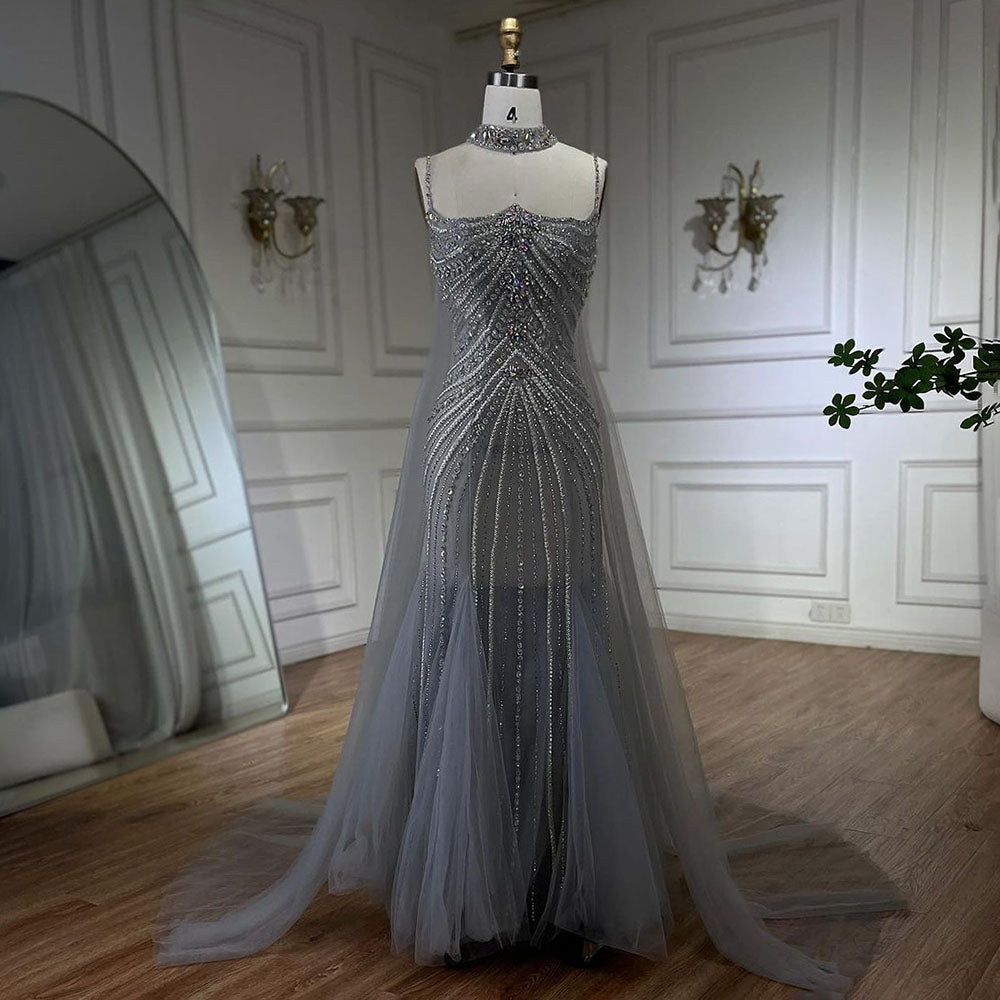 Arabic Luxury Beaded Spaghetti Straps Mermaid Evening Dress With Chocker Cape CLA72440