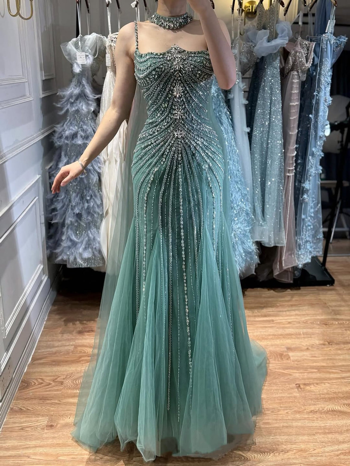 Arabic Luxury Beaded Spaghetti Straps Mermaid Evening Dress With Chocker Cape CLA72440