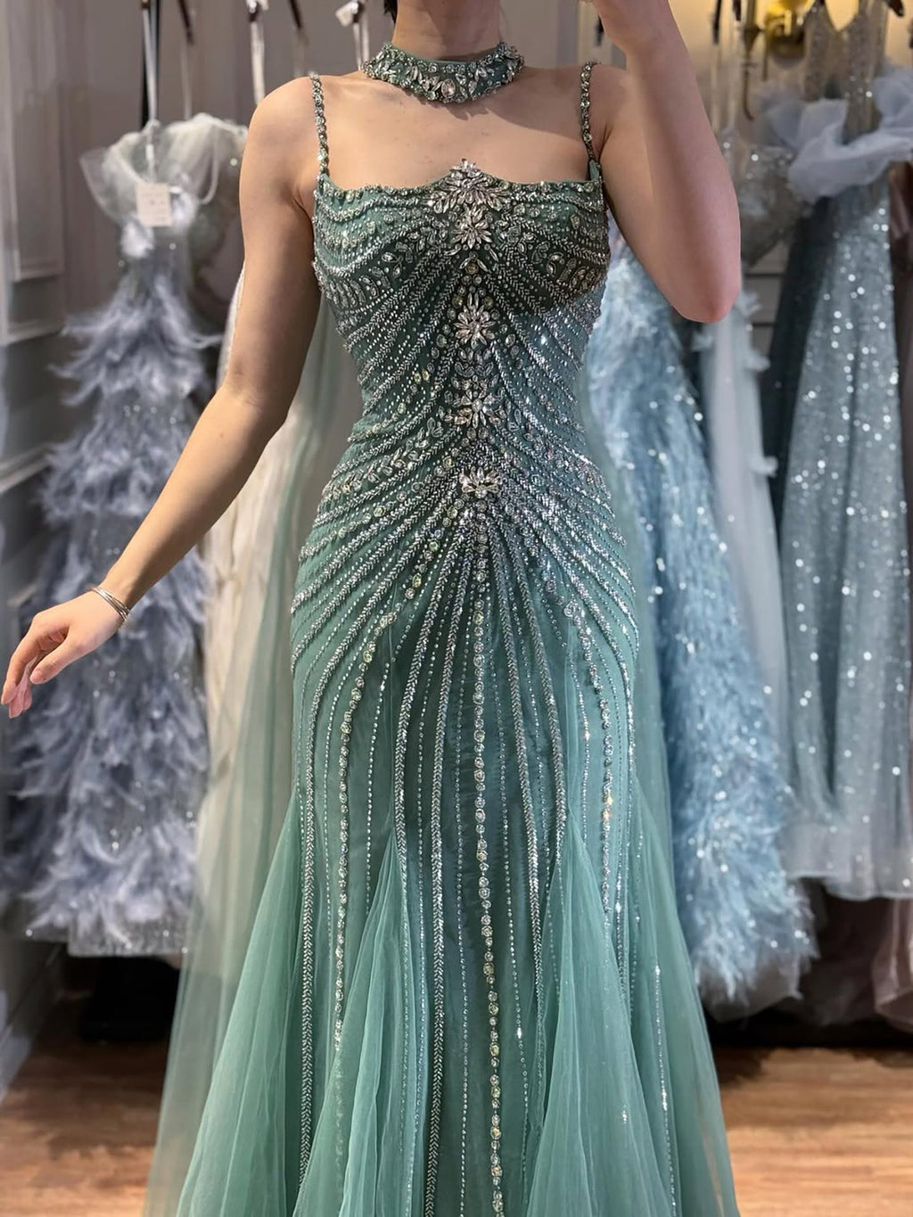 Arabic Luxury Beaded Spaghetti Straps Mermaid Evening Dress With Chocker Cape CLA72440