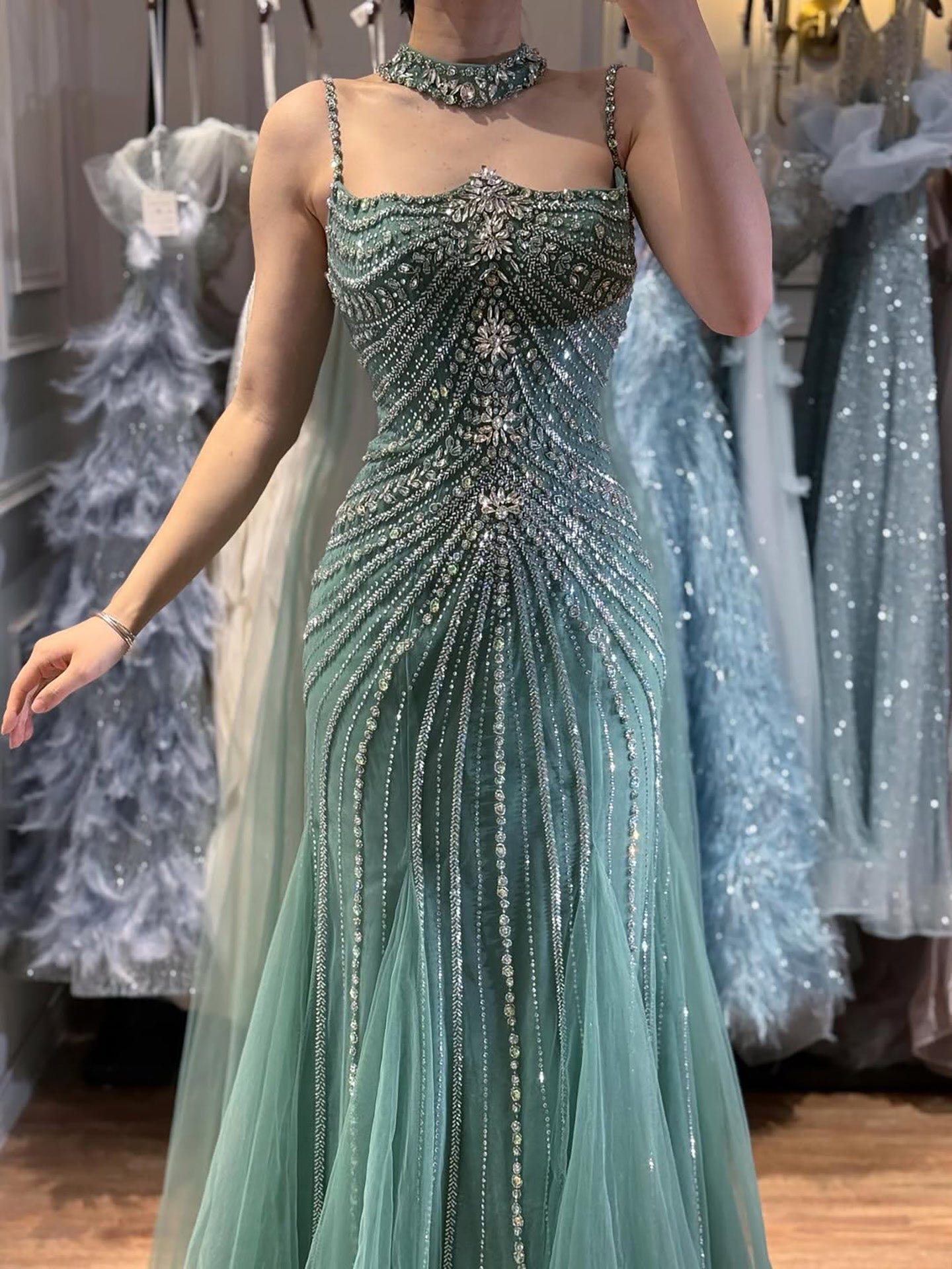Arabic Luxury Beaded Spaghetti Straps Mermaid Evening Dress With Chocker Cape CLA72440