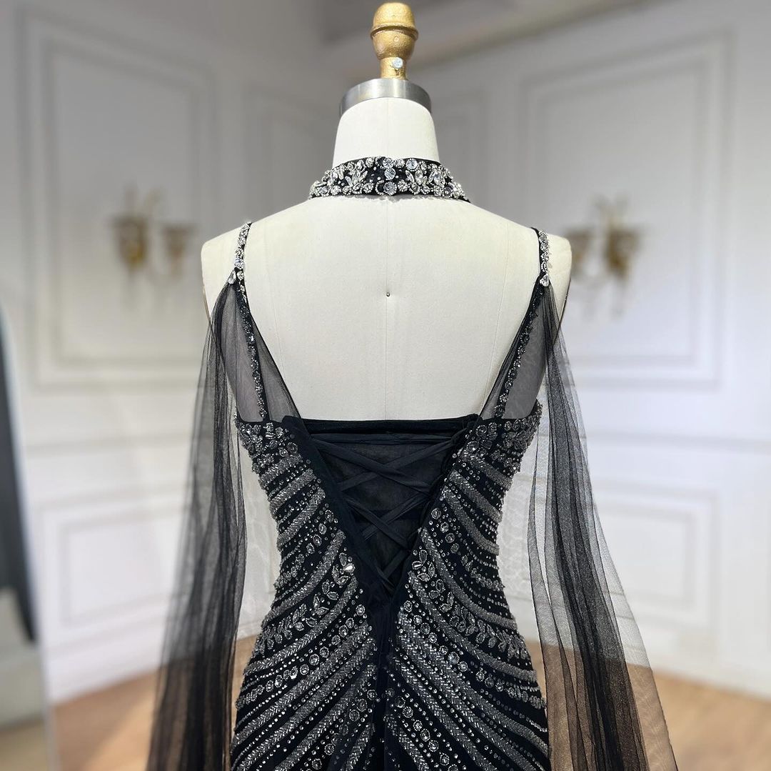 Arabic Luxury Beaded Spaghetti Straps Mermaid Evening Dress With Chocker Cape CLA72440