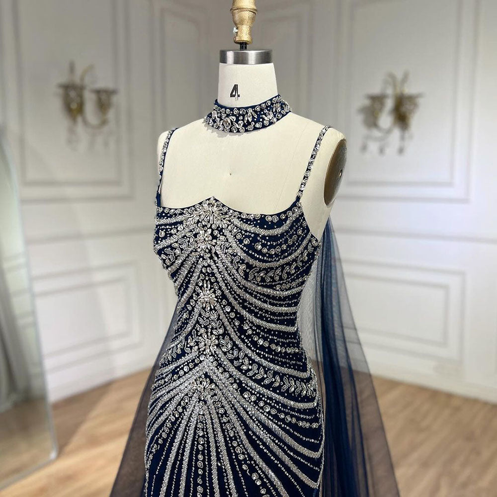 Arabic Luxury Beaded Spaghetti Straps Mermaid Evening Dress With Chocker Cape CLA72440