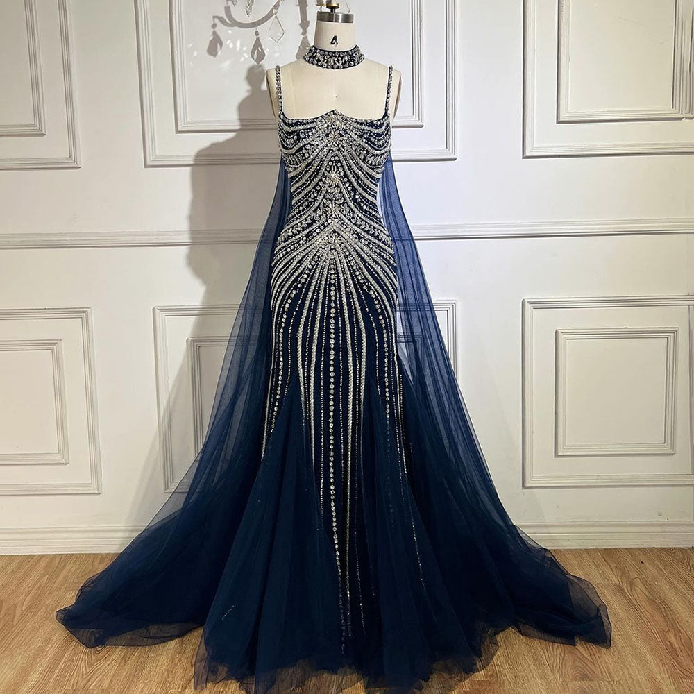 Arabic Luxury Beaded Spaghetti Straps Mermaid Evening Dress With Chocker Cape CLA72440