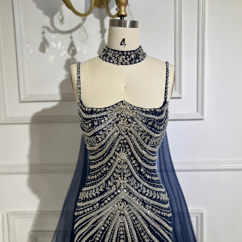 Arabic Luxury Beaded Spaghetti Straps Mermaid Evening Dress With Chocker Cape CLA72440