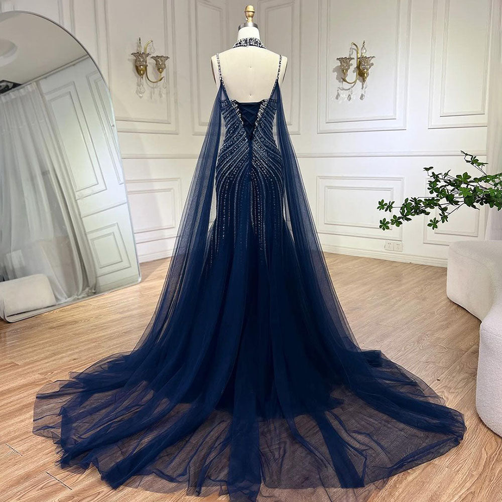 Arabic Luxury Beaded Spaghetti Straps Mermaid Evening Dress With Chocker Cape CLA72440