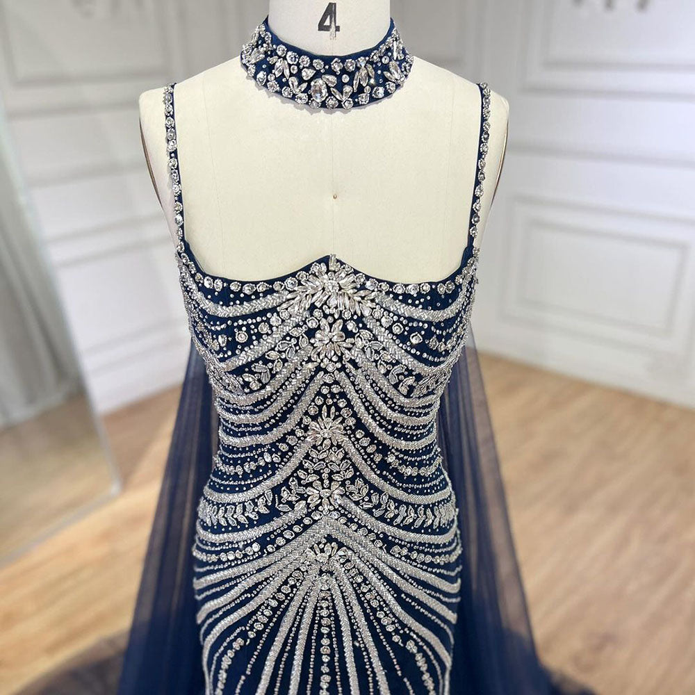 Arabic Luxury Beaded Spaghetti Straps Mermaid Evening Dress With Chocker Cape CLA72440