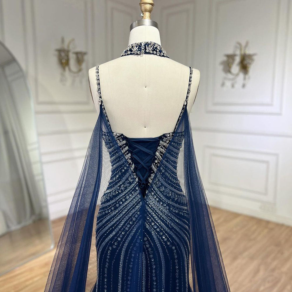 Arabic Luxury Beaded Spaghetti Straps Mermaid Evening Dress With Chocker Cape CLA72440