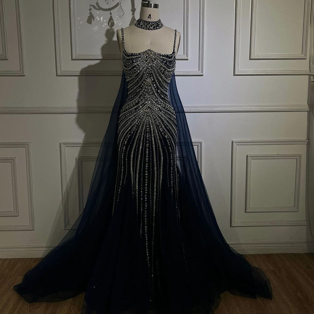 Arabic Luxury Beaded Spaghetti Straps Mermaid Evening Dress With Chocker Cape CLA72440