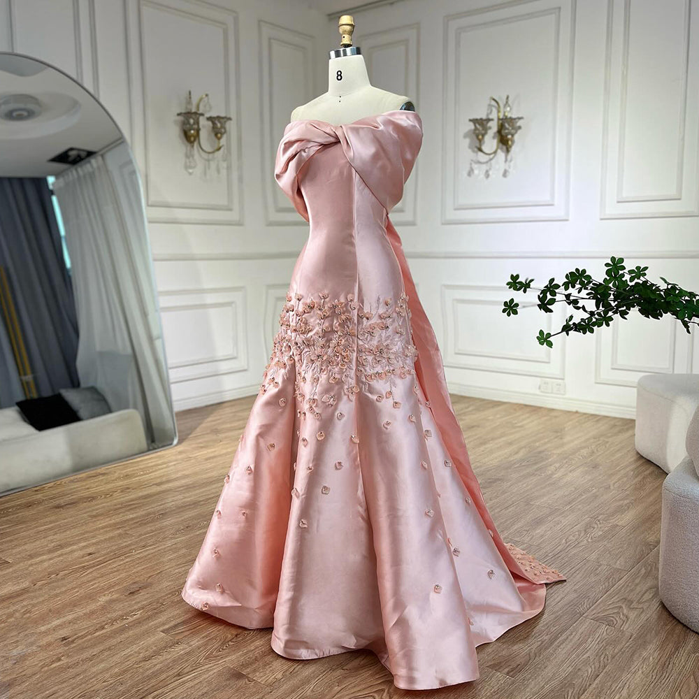 Arabic Simple Style Satin Floral Mermaid Evening Dress Elegant Off Shoulder Women Party Gown CLA72483