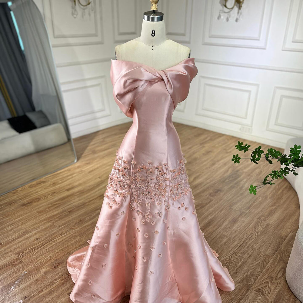 Arabic Simple Style Satin Floral Mermaid Evening Dress Elegant Off Shoulder Women Party Gown CLA72483