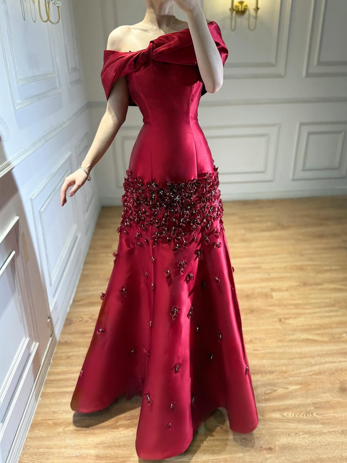Arabic Simple Style Satin Floral Mermaid Evening Dress Elegant Off Shoulder Women Party Gown CLA72483