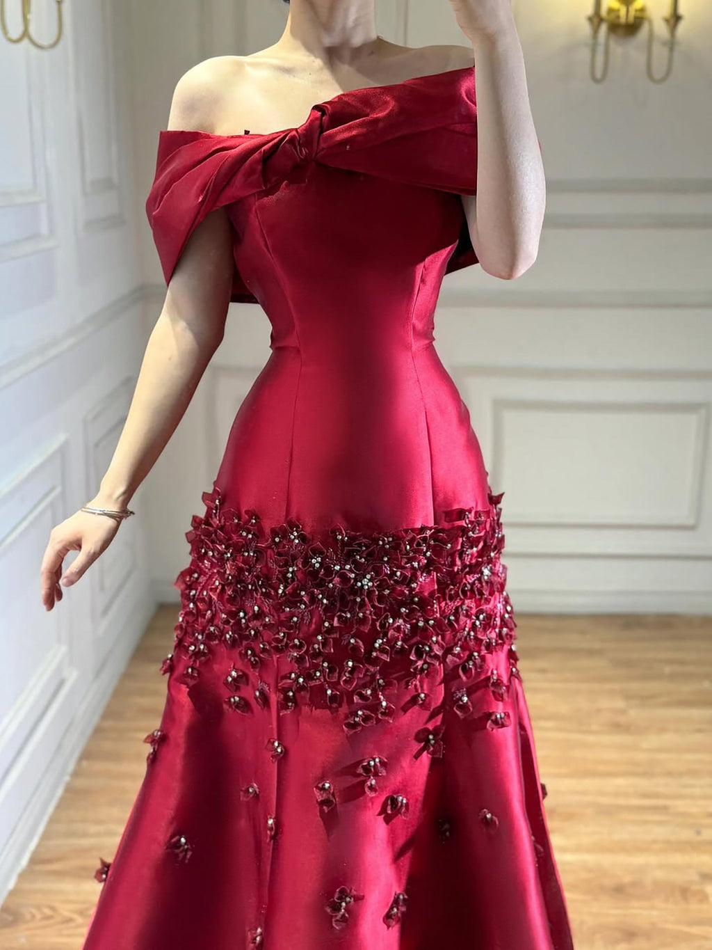 Arabic Simple Style Satin Floral Mermaid Evening Dress Elegant Off Shoulder Women Party Gown CLA72483