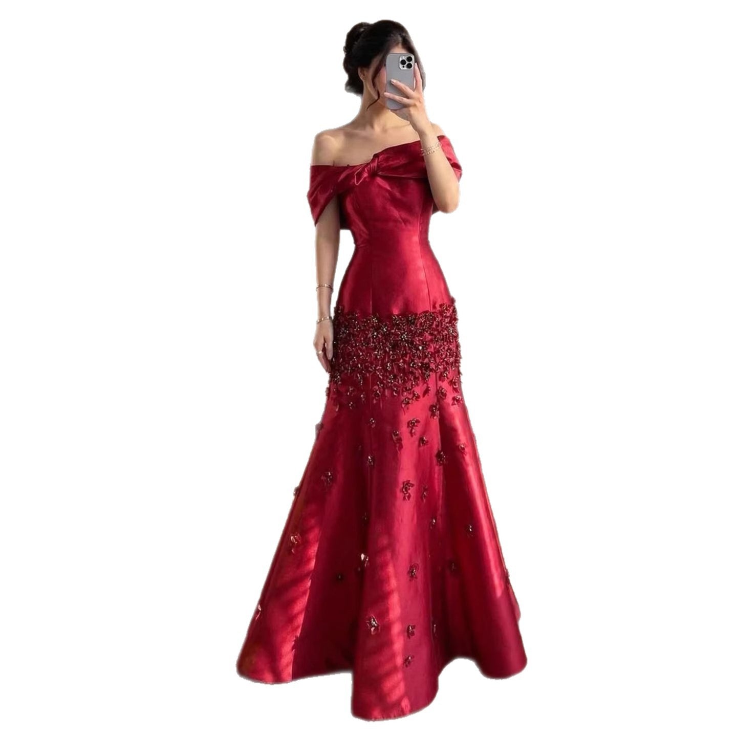 Arabic Simple Style Satin Floral Mermaid Evening Dress Elegant Off Shoulder Women Party Gown CLA72483