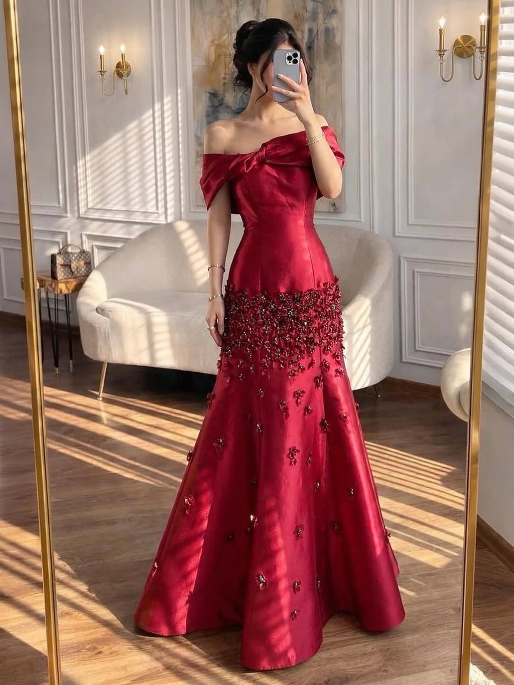 Arabic Simple Style Satin Floral Mermaid Evening Dress Elegant Off Shoulder Women Party Gown CLA72483