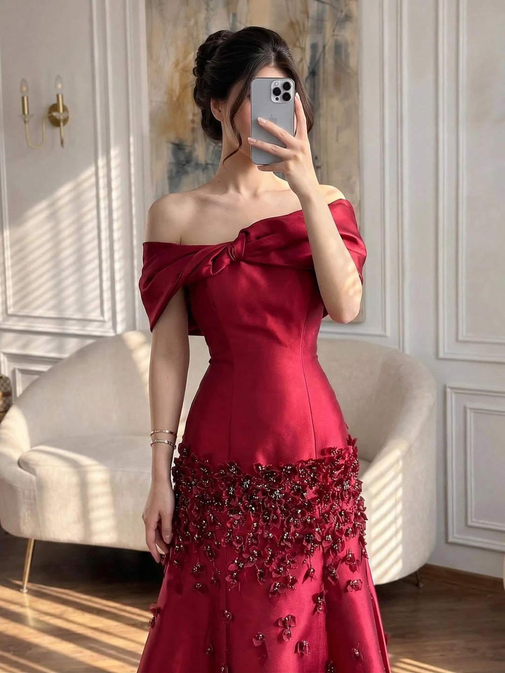 Arabic Simple Style Satin Floral Mermaid Evening Dress Elegant Off Shoulder Women Party Gown CLA72483