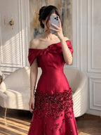 Arabic Simple Style Satin Floral Mermaid Evening Dress Elegant Off Shoulder Women Party Gown CLA72483