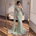 Luxury Sage Green One-Shoulder Pearls Beaded Evening Dress CLA72511