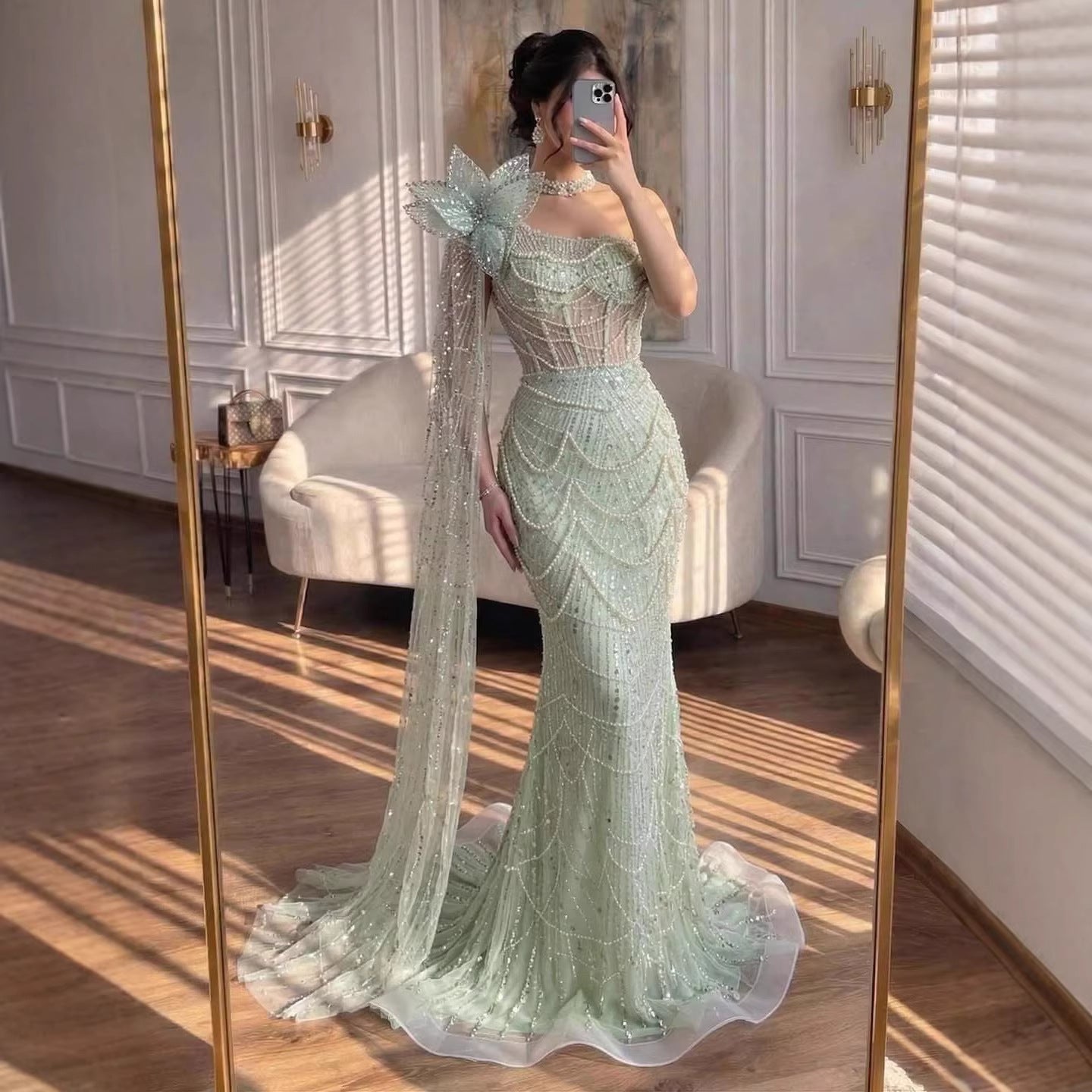 Luxury Sage Green One-Shoulder Pearls Beaded Evening Dress CLA72511