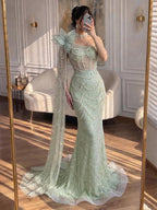 Luxury Sage Green One-Shoulder Pearls Beaded Evening Dress CLA72511