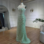 Luxury Sage Green One-Shoulder Pearls Beaded Evening Dress CLA72511