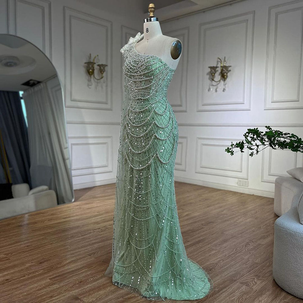 Luxury Sage Green One-Shoulder Pearls Beaded Evening Dress CLA72511