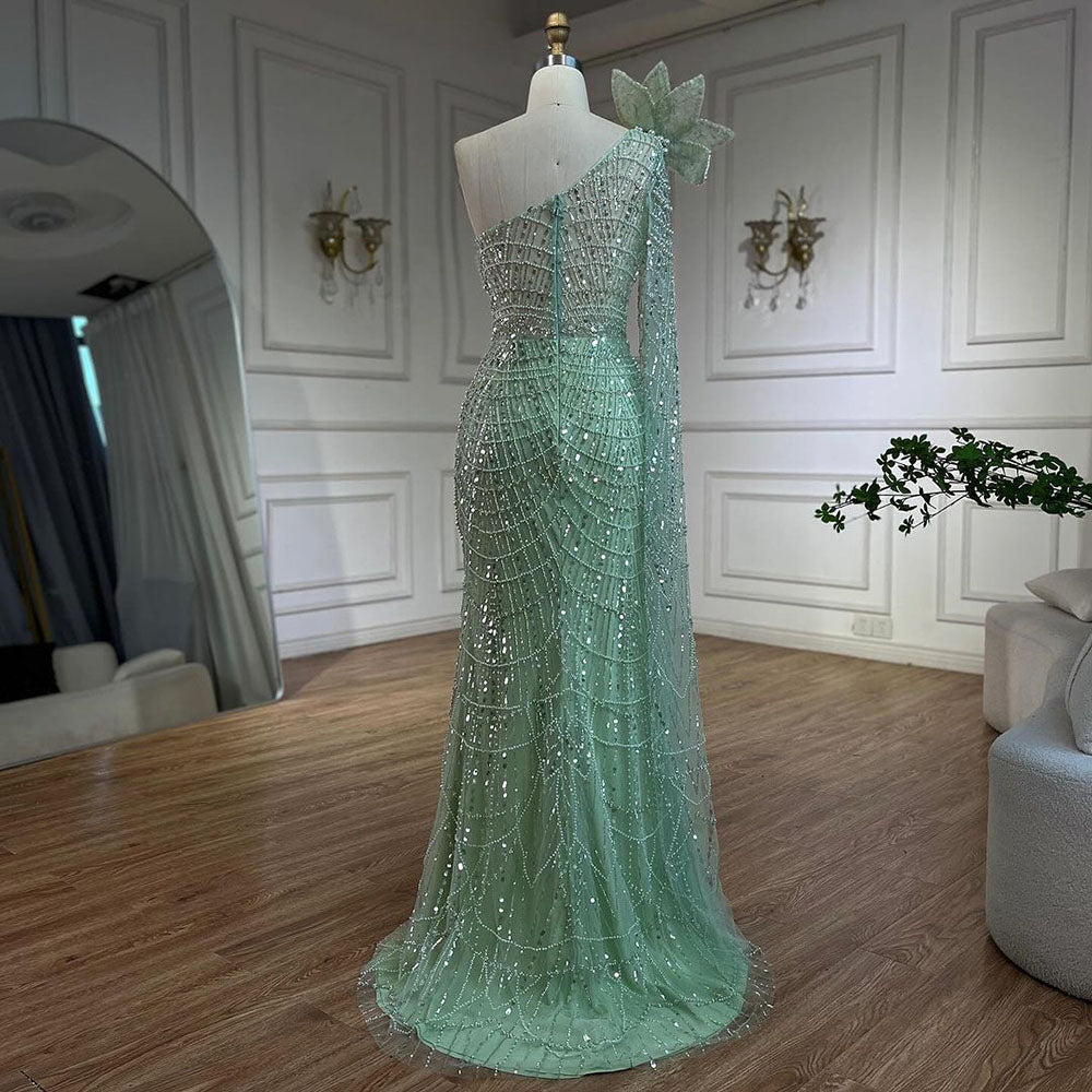 Luxury Sage Green One-Shoulder Pearls Beaded Evening Dress CLA72511