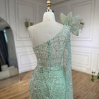 Luxury Sage Green One-Shoulder Pearls Beaded Evening Dress CLA72511