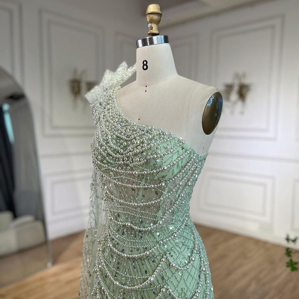 Luxury Sage Green One-Shoulder Pearls Beaded Evening Dress CLA72511